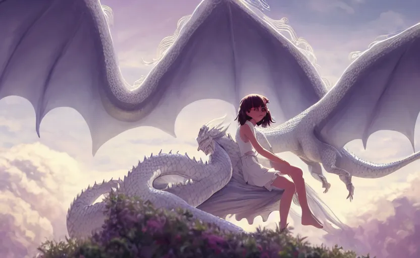 Prompt: a hyper detailed big render that a beautiful girl sitting on the back of a huge silver white dragon alone in fairyland surrounded by white clouds, finely detailed angelic face, style of studio ghibli, makoto shinkai, xision, ilya kuvshinov and artgerm, kazuki tanahashi, james jean, animation style, curve composition, ultra wide angle