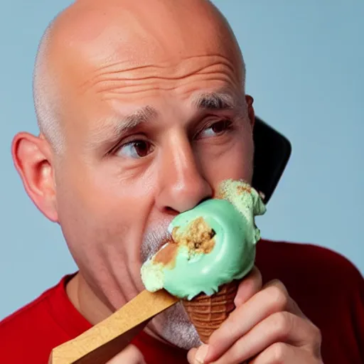 Prompt: old bald guy yelling on the phone and eating ice cream