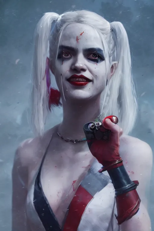 Image similar to a portrait of Harley Quinn by Greg Rutkowski, Sung Choi, Mitchell Mohrhauser, Maciej Kuciara, Johnson Ting, Maxim Verehin, Peter Konig, final fantasy , mythical, 8k photorealistic, cinematic lighting, HD, high details, atmospheric,