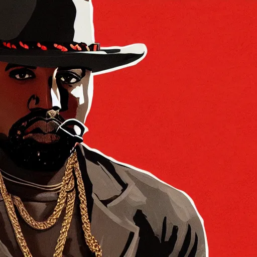 Prompt: kanye west in stephen bliss illustration red dead redemption 2 artwork of kanye west, face, in the style of red dead redemption 2 loading screen, by stephen bliss, artstation