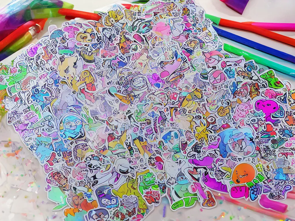 Prompt: a school notebook covered in doodles, stickers, glitter, and holographic stickers