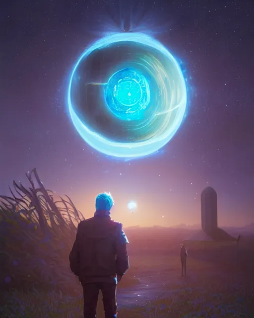 Image similar to highly detailed surreal vfx portrait of a futuristic mage in a rural farm with planets in background, stephen bliss, unreal engine, greg rutkowski, loish, rhads, beeple, makoto shinkai and lois van baarle, ilya kuvshinov, rossdraws, tom bagshaw, alphonse mucha, global illumination, detailed and intricate environment