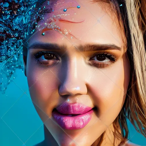 Image similar to Jessica Alba as a mermaid, vogue, perfect face, intricate, Sony a7R IV, symmetric balance, polarizing filter, Photolab, Lightroom, 4K, Dolby Vision, Photography Award