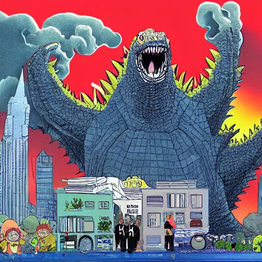 Prompt: godzilla and biden in a beautifully illustrated children's storybook, trending on artstation