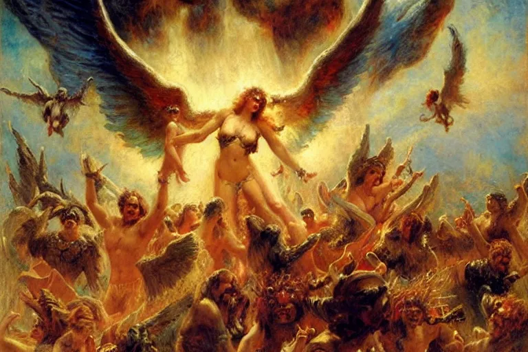 Image similar to lucifer rallying rebel angels in heaven. art by gaston bussiere.