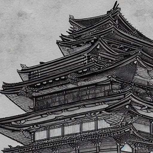 Prompt: japanese castle, art, detailed, kentaro miura style, black and white