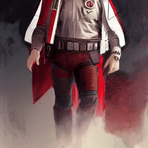 Image similar to portrait of a man by greg rutkowski, he looks like greg grunberg, tall and burly, star wars expanded universe, he is about 3 0 years old, wearing red and white starfighter pilot uniform from the galactic triunvirate.