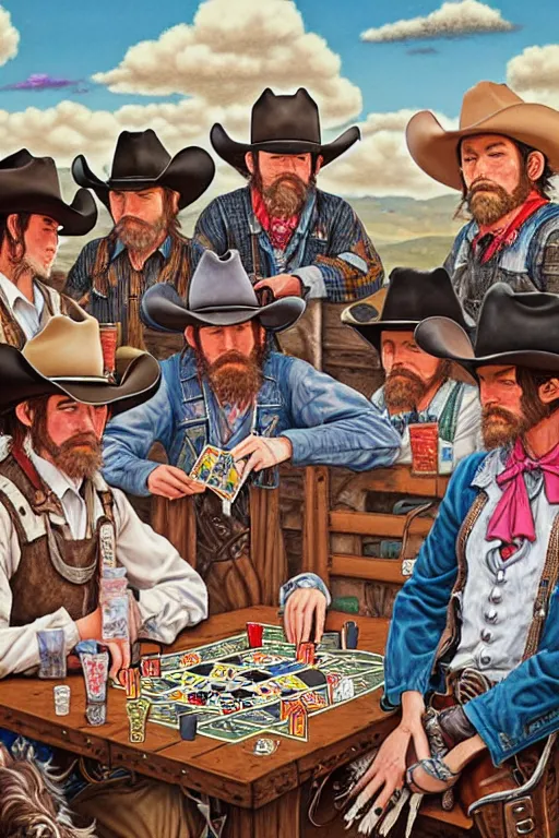 Image similar to full view, from a distance, of cowboys in the saloon playing card games, style of yoshii chie and hikari shimoda and martine johanna, highly detailed