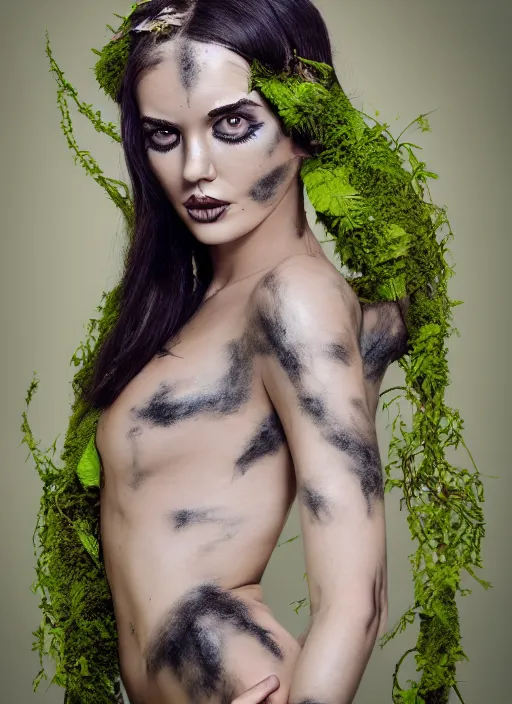 Image similar to a photo of a female model, organic headpiece, fern, vines, horn, moss, fashion photography, realistic, hyperdetails, dark grey backdrop studio, body paint