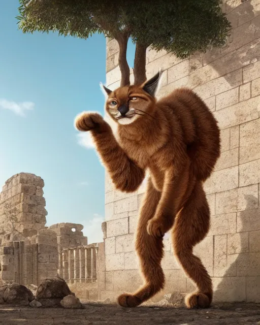 Image similar to fullbody photo of humanoid cute sad fluffy caracal dressed in toga, sun behind him, ancient greek city, sunny day, by ilya kuvshinov, rtx rendering, octane render 1 2 8 k, maya, extreme high intricate details by tom bagshaw, medium shot, composition by sana takeda, lighting by greg rutkowski