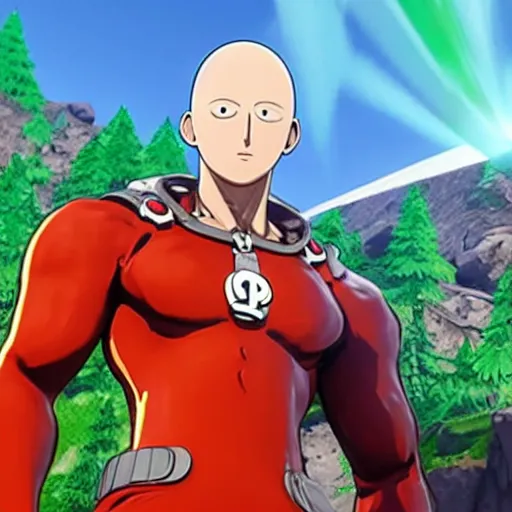 Image similar to one punch man in fortnite, character render, full body shot, highly detailed, in game render