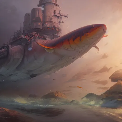 Image similar to subsurface scattering, white, giant submarine, koi colors, koi gone, octane render, jesper ejsing, justin gerard, james jean, tomasz alen kopera, cgsociety, fenghua zhong, makoto shinkai, highly detailed, rim light, art, cinematic lighting, very coherent, hyper realism, 8 k