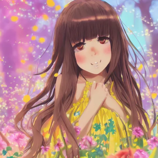 Prompt: colorful and cute young plus size hispanic anime girl with tan skin, brown long hair with bangs, wearing yellow floral dress in a forest. close up, pastel colors, ambient lighting, soft lighting, 4 k, atmospheric lighting, painted, intricate, highly detailed by natsuki takaya