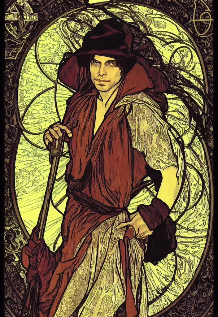 Prompt: Geoff Rickly on a tarot card, tarot major arcana in art style by Alphonse Mucha