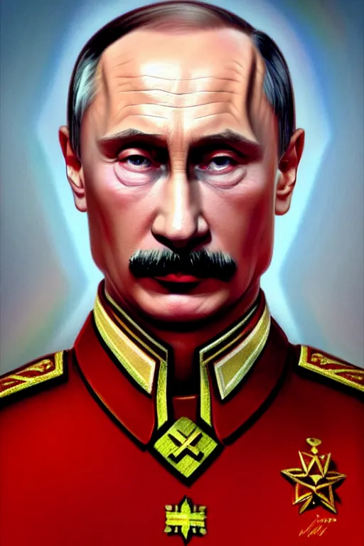 Image similar to vladimir putin as stalin, realistic portrait, symmetrical, highly detailed, digital painting, artstation, concept art, smooth, sharp focus, illustration, cinematic lighting, art by artgerm and greg rutkowski and alphonse mucha