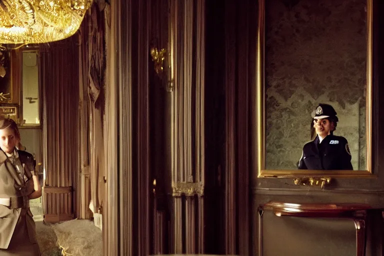 Image similar to cinematography closeup portrait of a woman cop in an decadent mansion foyer by Emmanuel Lubezki