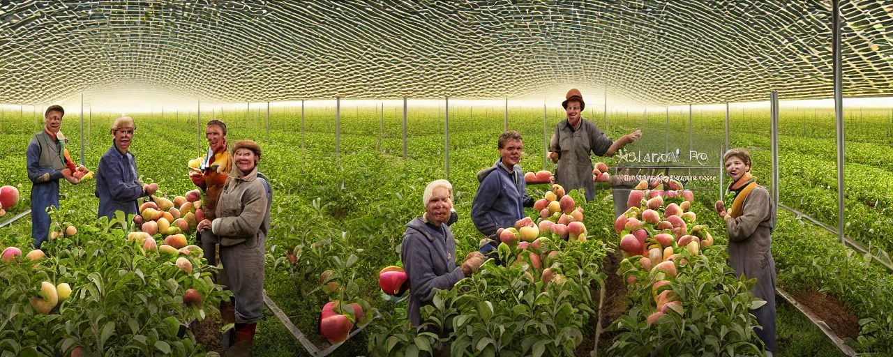 Prompt: portrait of symmetrical friendly farmers, with detailed realistic smiling faces, harvesting an orchard inside a space-station, with apple, pear, and peach trees, surrounded by advanced elegant factory machinery, outer space and stars visible through the glass roof, biomechanical, golden ratio, elegant, visionary, streamlined, elite, lush, atmospheric, volumetric lighting, haunting, wide angle, cinematic, trending on cgsociety, 8k, vivid and vibrant