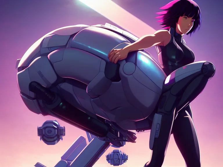 Image similar to a fullbody portrait of motoko kusanagi riding on top of a tachikoma : : stand alone complex, ghost in the shell, netflix : : by ilya kuvshinov, rossdraws, artgerm, sola digital arts, anti aliasing, raytracing : :