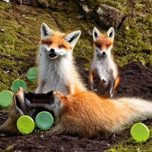 Image similar to A real photo of a smiling green fox giving birth to three youngsters, hyperrealistic