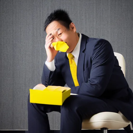 Image similar to asian man in suit and yellow tie distraught wearing birthday hat, realistic photo, portrait, sitting down, office setting