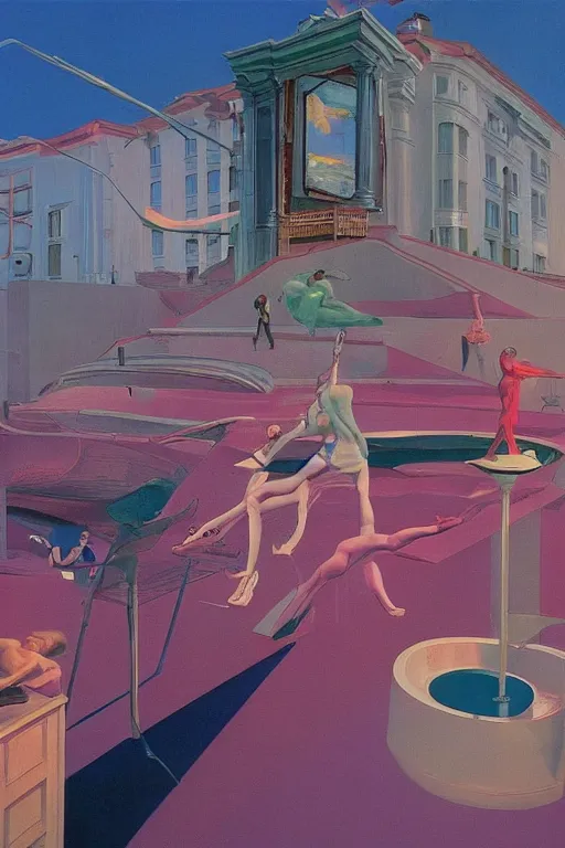 Image similar to surrealism!!!!! liminal vaporwave dreams, painted by Edward Hopper, painted by salvador dali, painted by moebius, airbrush