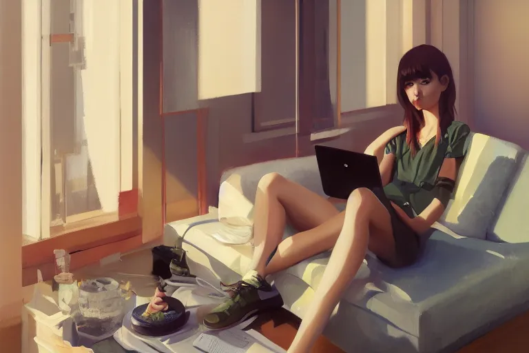 Prompt: A ultradetailed beautiful portrait panting of a stylish girl sitting in a messy modern apartment, bright sunny day, Oil painting, by Ilya Kuvshinov, Greg Rutkowski and Makoto Shinkai