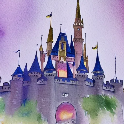 Prompt: a beautiful watercolour sketch print of the disney castle on a 3 0 0 gsm watercolour card