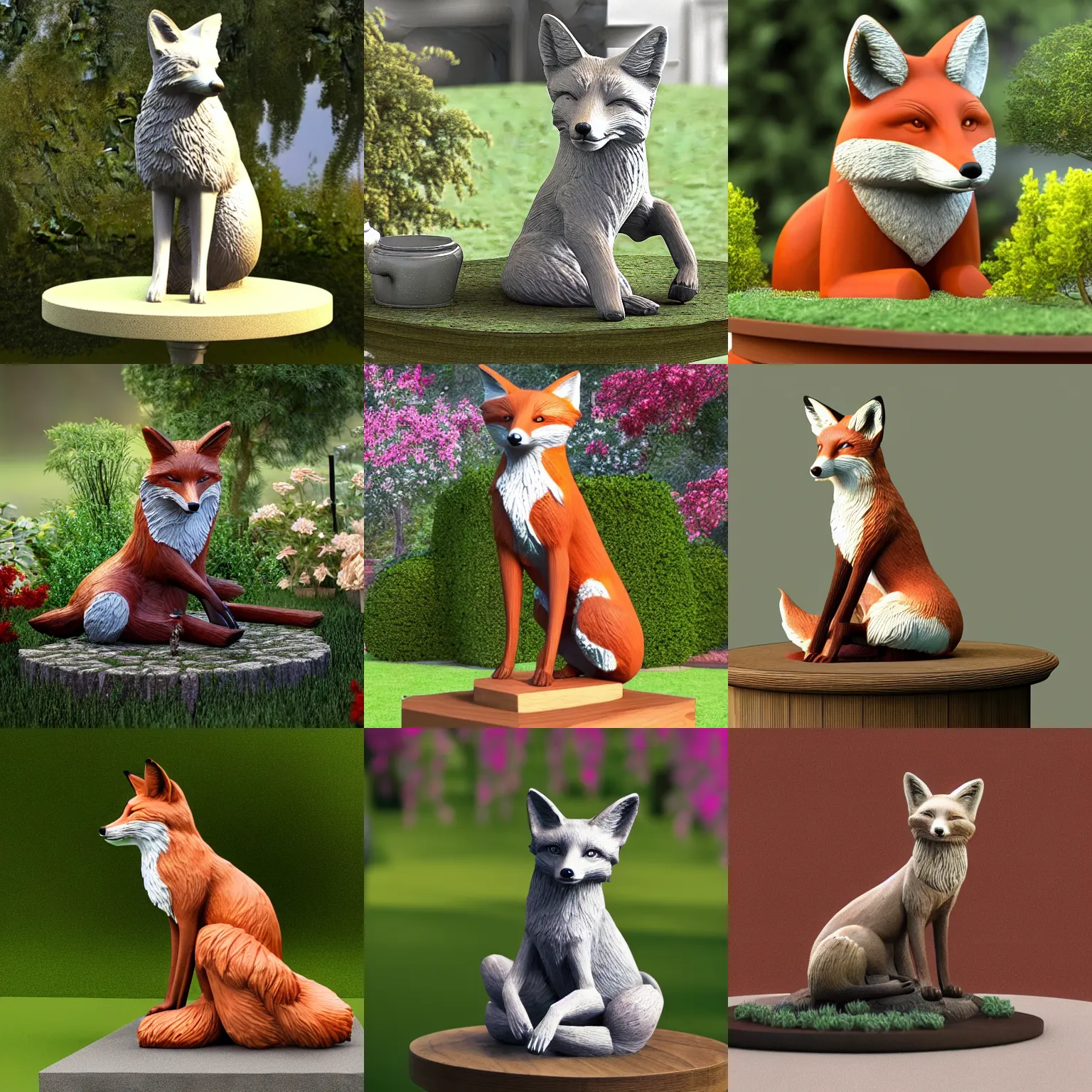 Prompt: a 3 d render of an exquisite fox statue sitting on a table in a country garden