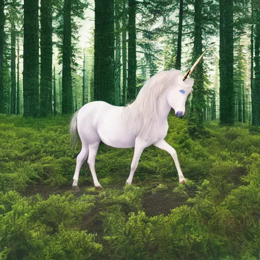 Image similar to a depressed unicorn standing next to a spruce forest, high resolution photograph