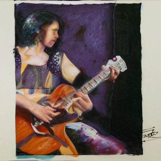 Image similar to women playing guitar, televisions, hd, photoreal cinema still, pastel in the style of bruce weber