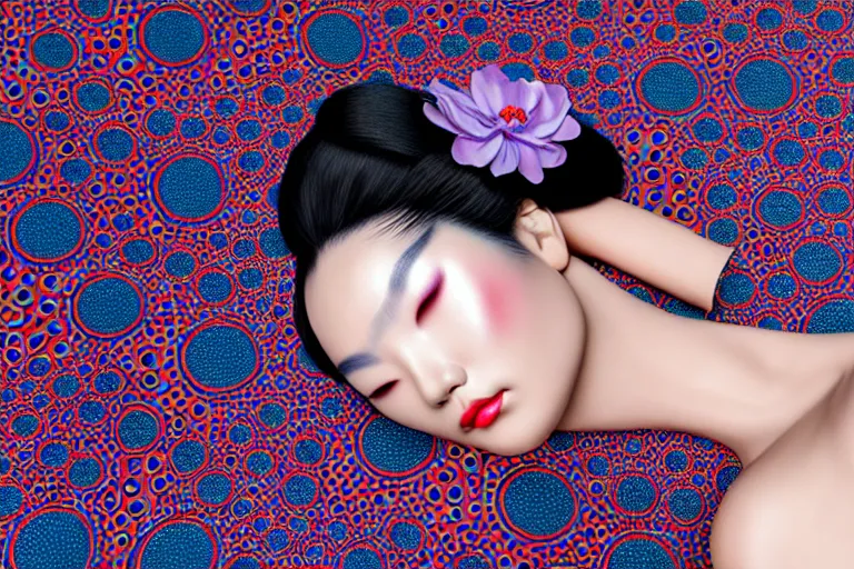 Image similar to hyperrealistic detailed image of a geisha laying in a art installation room, hd smooth interior by yayoi kusama, part by kei mieno, part by ross tran, dark art by james jean, ultra realistic, highly detailed, life like face, detailed body, 8 k, 3 d render by roger magrini, very cohesive, masterpiece