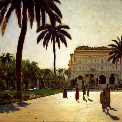 Image similar to a ultradetailed beautiful photo of the amazonas palace designed by jules bastien - lepage, hans belmer, frank weston and gustave baumann, people walking around, trending on artstation, mediterranean, palm trees, light sparkles, sharp focus, soft light, 8 k 4 k