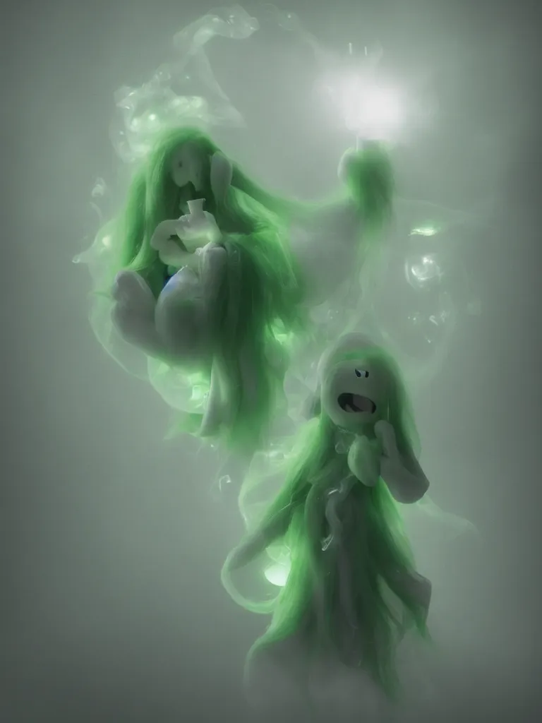 Image similar to cute fumo plush smiling ectoplasmic gothic macabre green jellyfish ghost girl, glowing milky wisps of hazy smoke and volumetric fog, lens flare, subsurface scattering, vignette, asymmetry, bokeh, refraction, vray