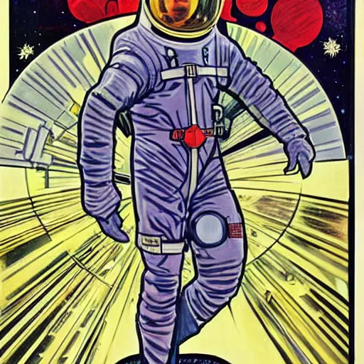 Image similar to a man resembling sebastian stan, floating in space. he is an astronaut, wearing a space suit. well composed, clean elegant painting, beautiful detailed face. comic book art by steve ditko and jack kirby and ( alphonse mucha )