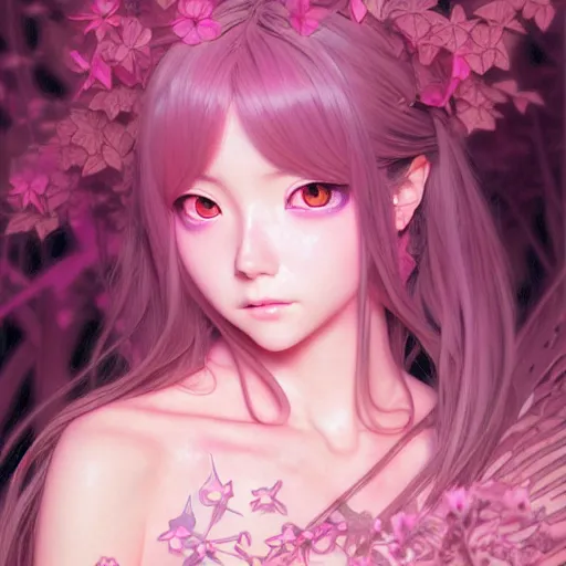 Image similar to Portrait of japanese anime wizard girl, D&D, pink eyes, face, fantasy, intricate, elegant, in pink forest, highly detailed, digital painting, artstation, concept art, smooth, sharp focus, illustration, art by artgerm and greg rutkowski and alphonse mucha