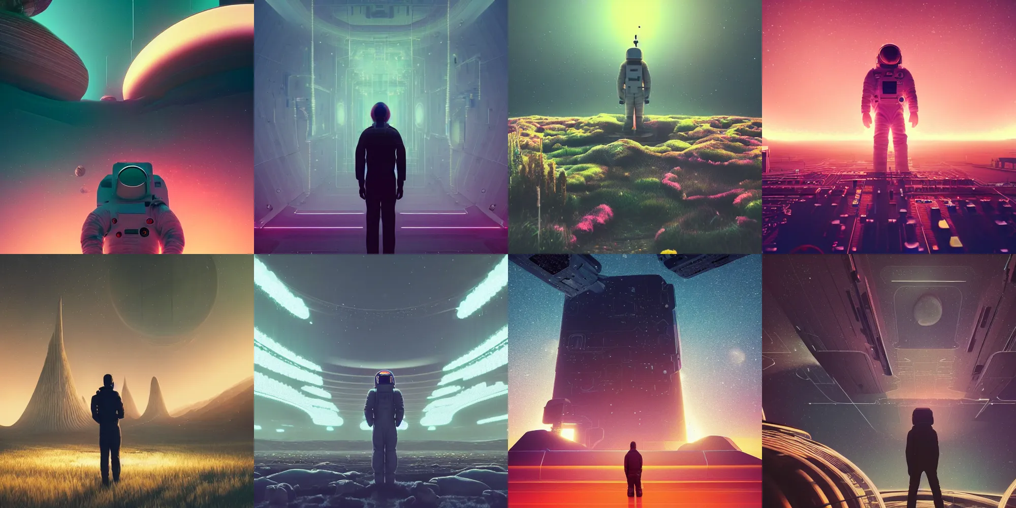 Prompt: beautiful dark landscape, astronaut standing looking at a giant beautiful synthesizer, beautiful flowers growing in the style of beeple and Mike Winkelmann, intricate, epic lighting, cinematic composition, hyper realistic, 8k resolution,