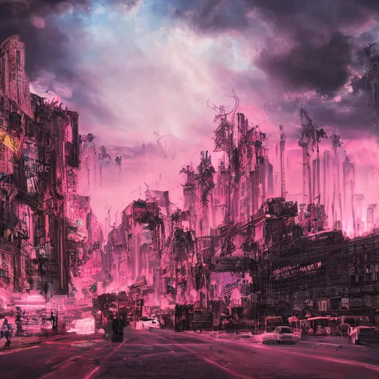 Image similar to oil painting, rich deep colors masterpiece, pink, punk, neon, ultra detailed, contrast, heaven pink, lots of roman arches, bright punk, punk rock, people with mohawks, clouds, sky, volumetric light, atmospheric lighting, dramatic, cinematic, steampunk, moody, octane render 4 k, 8 k