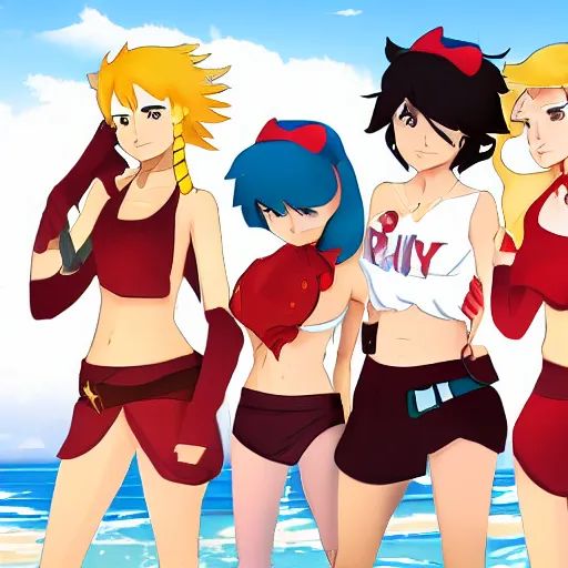 Image similar to Team RWBY at the beach, in the style of RWBY, sunny day,