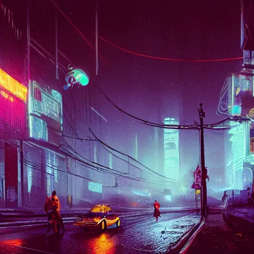 Prompt: jellyfish running on the street at night after the rain, with the silhouette of distant mountains in the background, cyberpunk style, blade runner, by darek zabrocki, 8 k