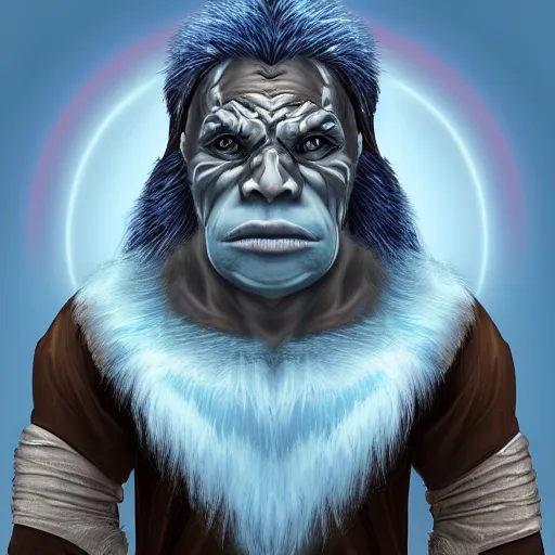 Prompt: Digital art portrait of a half-orc druid, wearing a long grey fur robe and holding a sphere of magical blue water 4k