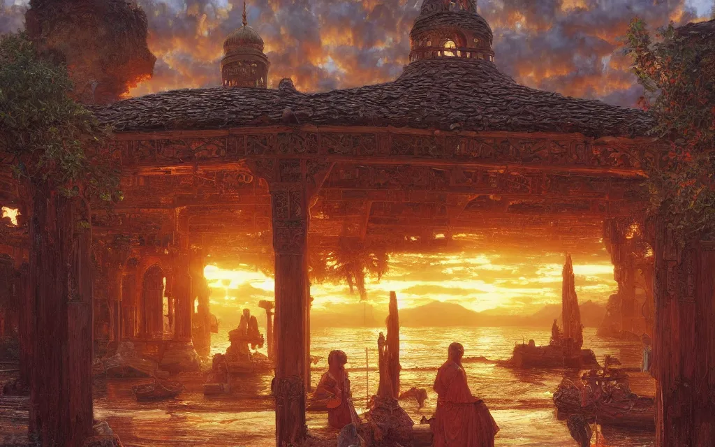 Image similar to a detailed oil painting by john williams waterhouse, thomas kincade, michael whelan and donato giancola of an arabian shrine, hyper detailed, hd, artstation, beautiful sunrise lighting