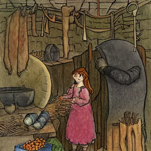 Image similar to the blacksmits’ daughter, working in the forge, fantasy art in the style of Elsa Beskow,