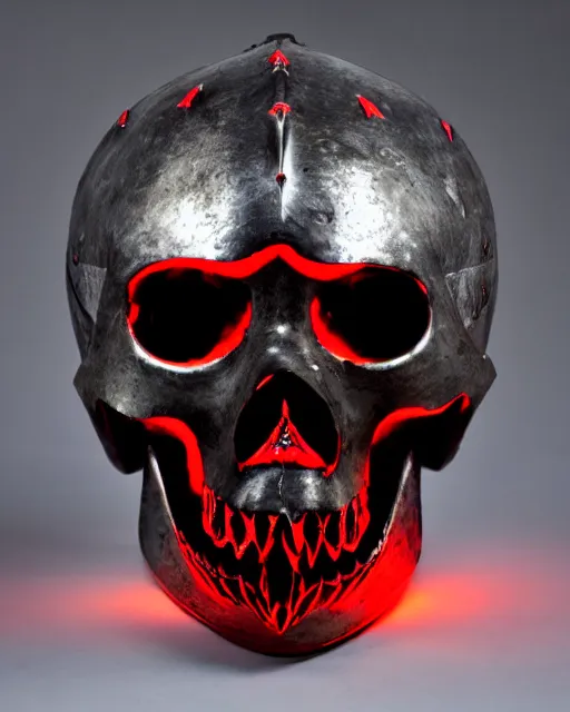 Image similar to medieval helmet in the shape of a demon skull with glowing red eyes,