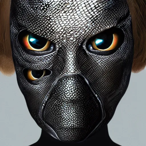 Prompt: A portrait of (reptilian), snake eyes, slit pupils, (metallic scales), Liz Truss, human-reptile hybrid, Liz Truss, hyperrealistic, trending on artstation