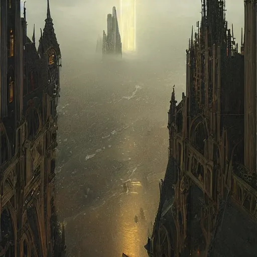 Prompt: an ultra detailed tarot card of a lonely and impossibly tall ominous gothic dark tower elevated high above the city, in a river elevated high above the city, fantasy capital city, ultrawide lense, aerial photography, volumetric lighting, exquisite detail, 8 k, art by greg rutkowski and alphonse mucha