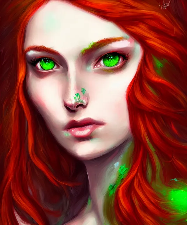 Image similar to Fae teenage girl, portrait, face, long red hair, green highlights, fantasy, intricate, elegant, highly detailed, digital painting, concept art