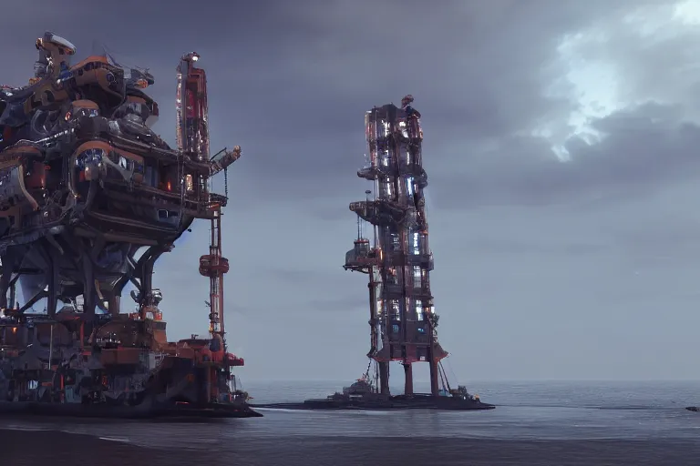 Prompt: a futuristic oil rig tower, built of scavenged parts from oil tankers and containerships. Ocean, early dawn. Beautiful skies. Halo key art. Octane render. Zbrush. Substance painter. Raytracing. HD. Trending on artstation. Highly detailed.