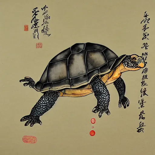 Image similar to a tortoise with a bonsi tree growing on its back, traditional chinese watercolor