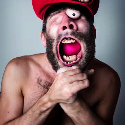 Image similar to hat with eyes mouth and teeth biting onto the top of a man's head, man is shouting in pain, funny professional photo