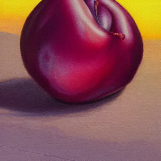 Image similar to realistic painting of a plum looking at the sunset highly detailed trending on art station